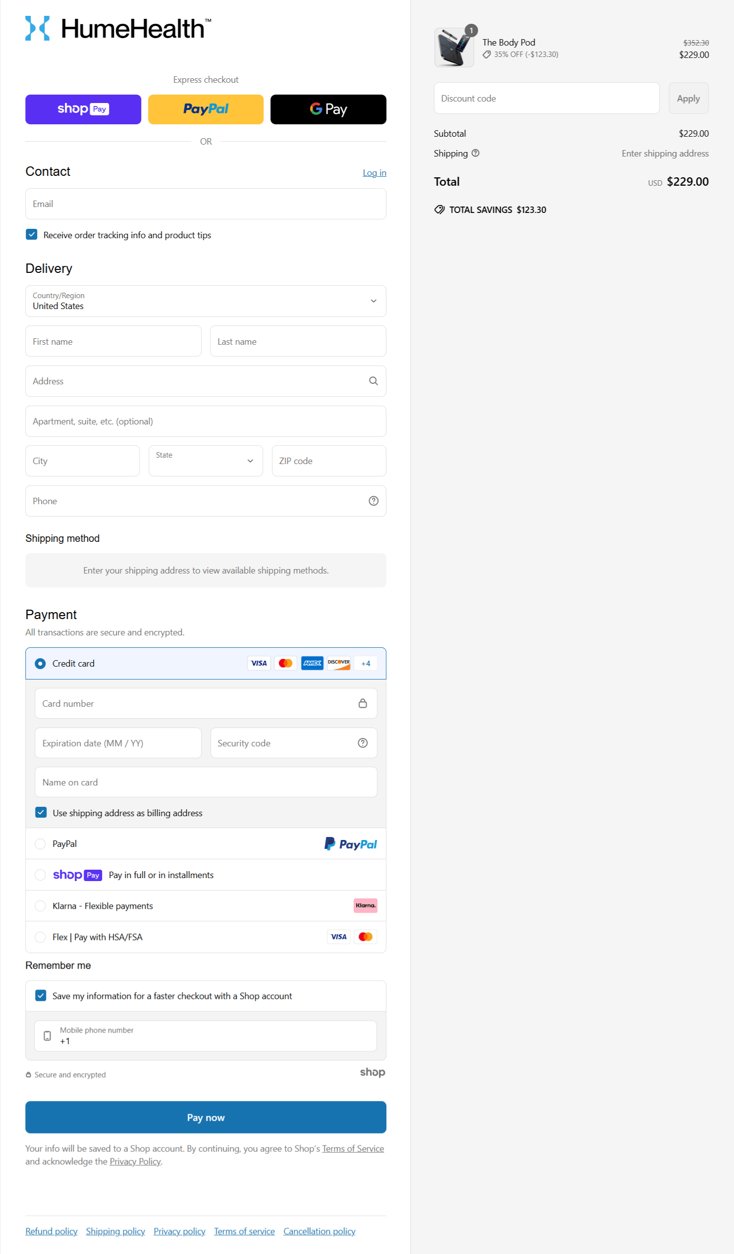 Hume Health checkout page